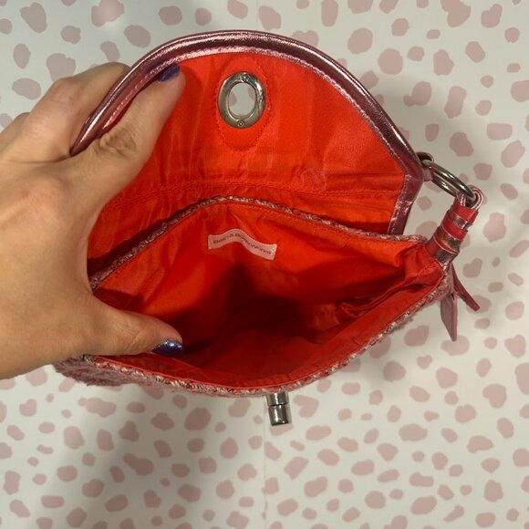 Y2K 90s Mini Bag Tweed Twill Striped Preppy Star Pink Latch Fringe Lined Purse - Picture 7 of 14